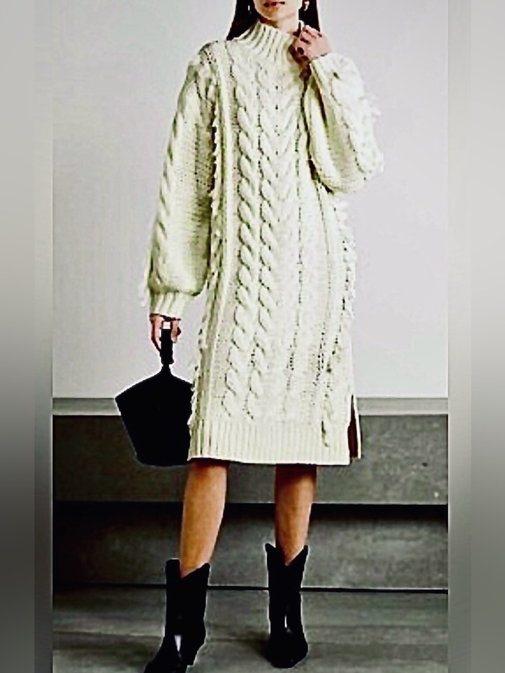 FARM RIO Ivory Cable Knit Fringe Midi Sweater Dress M MSRP $285 NWOT